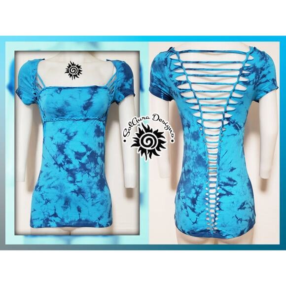 SEA LOVE - LARGE - Women's/Juniors Cut and Weaved Navy Blue and Turquoise Top - Picture 2 of 6